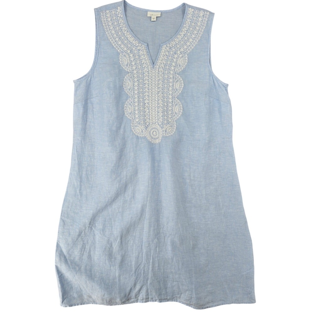 J. Jill Womens XL Blue Love Linen Embroidered Beaded Shift Dress Coastal Boho